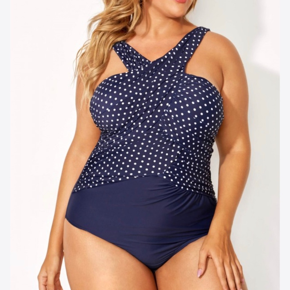 NWT Meet.Curve Blue High Neck Dot Wrap One Piece Swimsuit size 3xl